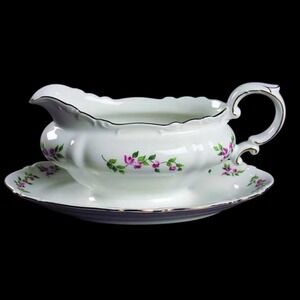 VTG Crown Bavaria Juliette Pink Roses Gravy Boat W/Attached Underplate Gold Trim